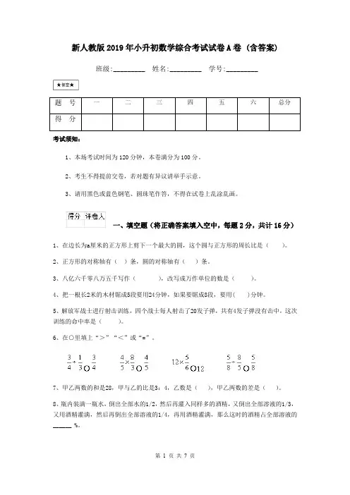 新人教版2019年小升初数学综合考试试卷A卷 (含答案)