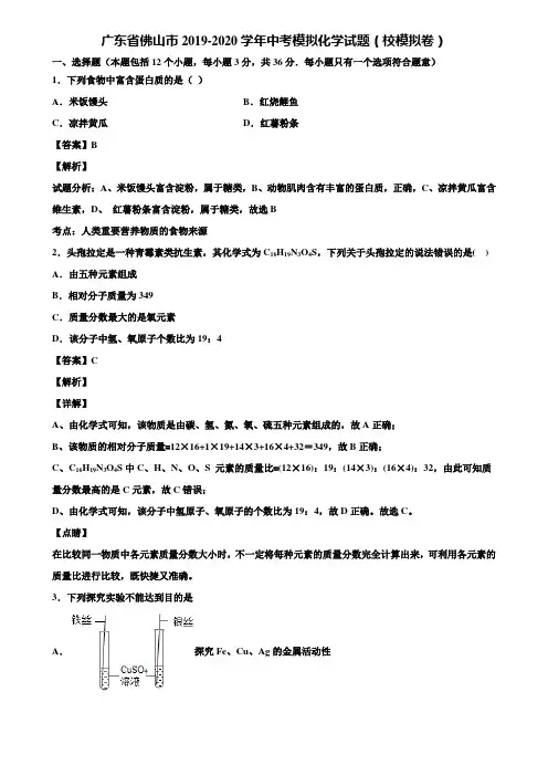 广东省佛山市2019-2020学年中考模拟化学试题(校模拟卷)含解析