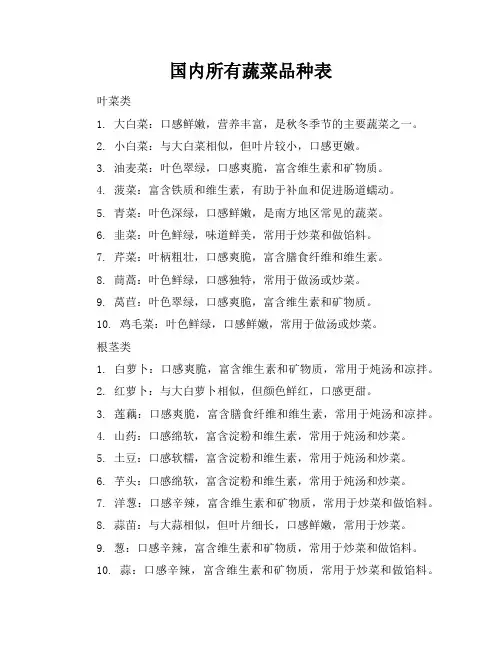 国内所有蔬菜品种表