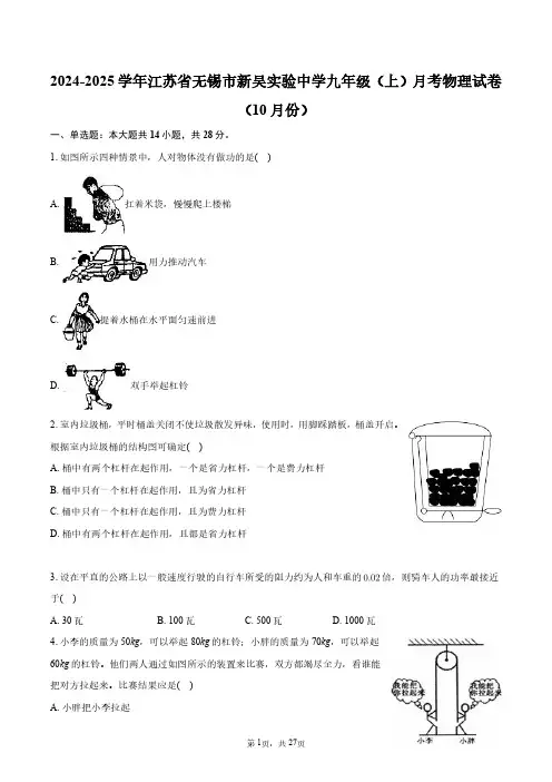 2024-2025学年江苏省无锡市新吴实验中学九年级(上)月考物理试卷(10月份)+答案解析