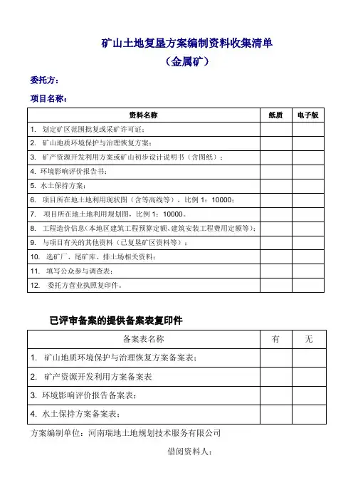 矿山土地复垦方案编制资料收集清单