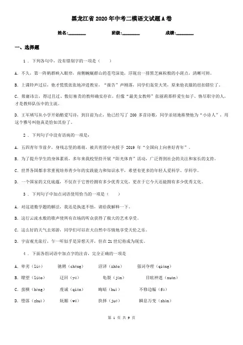 黑龙江省2020年中考二模语文试题A卷