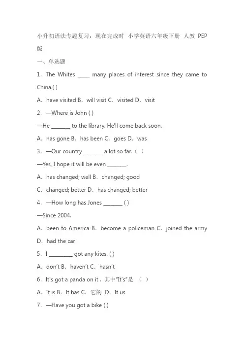 小升初语法专题复习：现在完成时 小学英语六年级下册 人教PEP版(含答案)