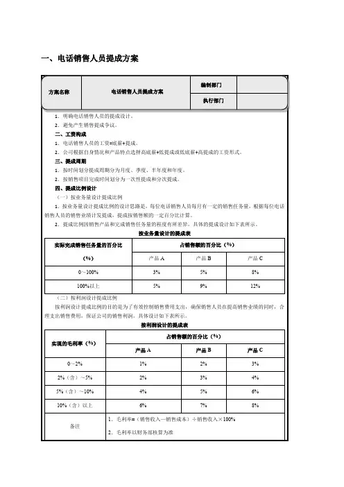 电话销售人员提成方案