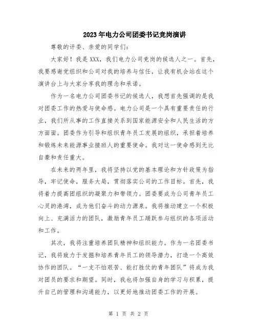2023年电力公司团委书记竞岗演讲