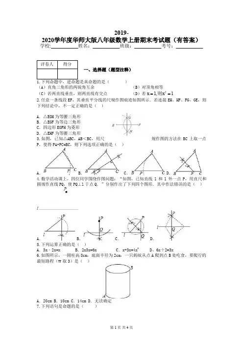 2019-2020学年度华师大版八年级数学上册期末考试题(有答案)