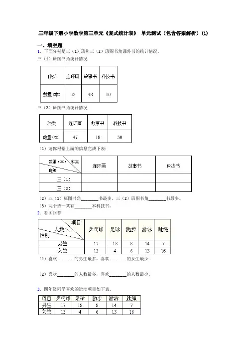 三年级下册小学数学第三单元《复式统计表》 单元测试(包含答案解析)(1)