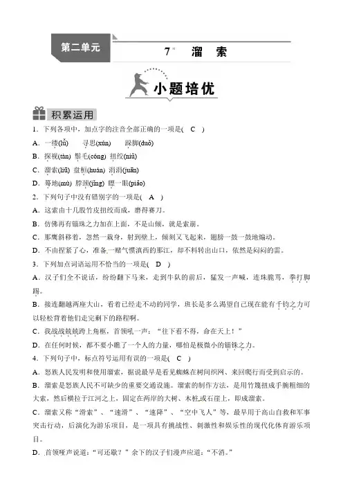 人教部编版九年级语文下册同步测试：7 溜 索
