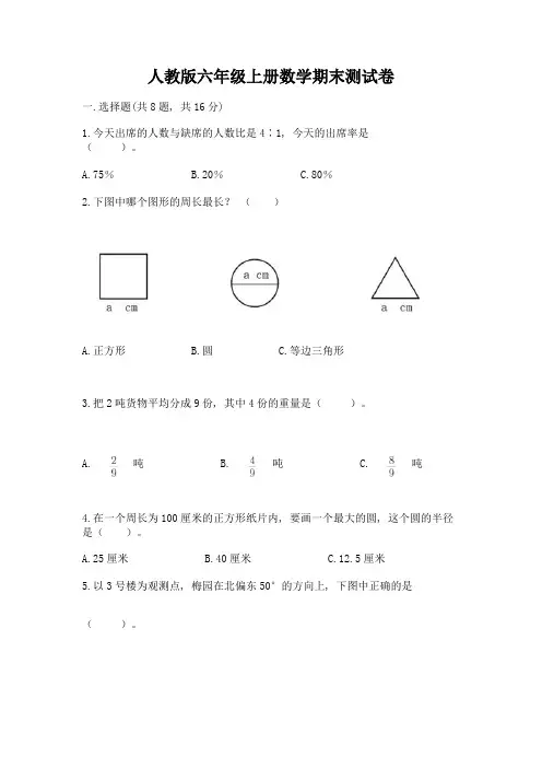 人教版六年级上册数学期末测试卷附完整答案【网校专用】
