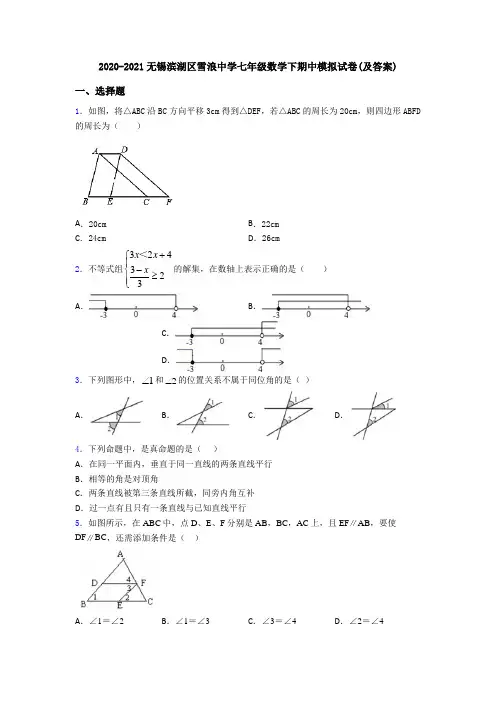 2020-2021无锡滨湖区雪浪中学七年级数学下期中模拟试卷(及答案)