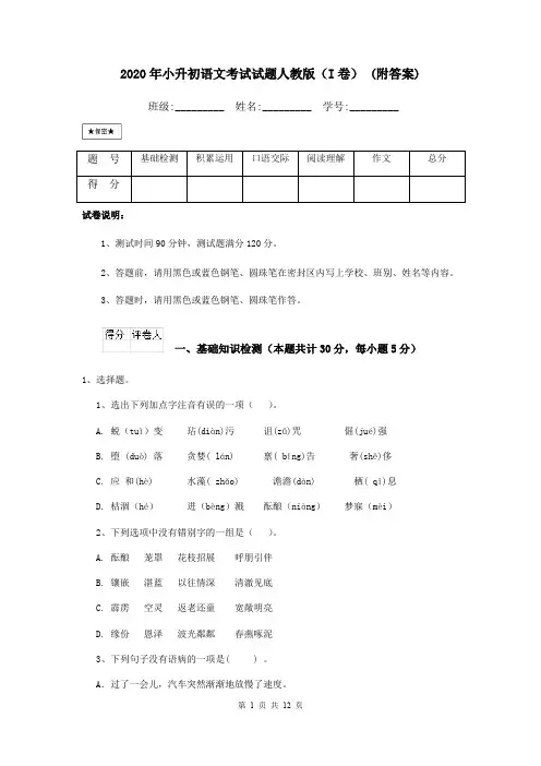 2020年小升初语文考试试题人教版(I卷) (附答案)