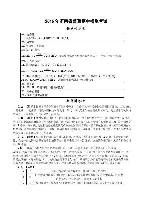 2015年河南省普通高中招生考试化学参考答案