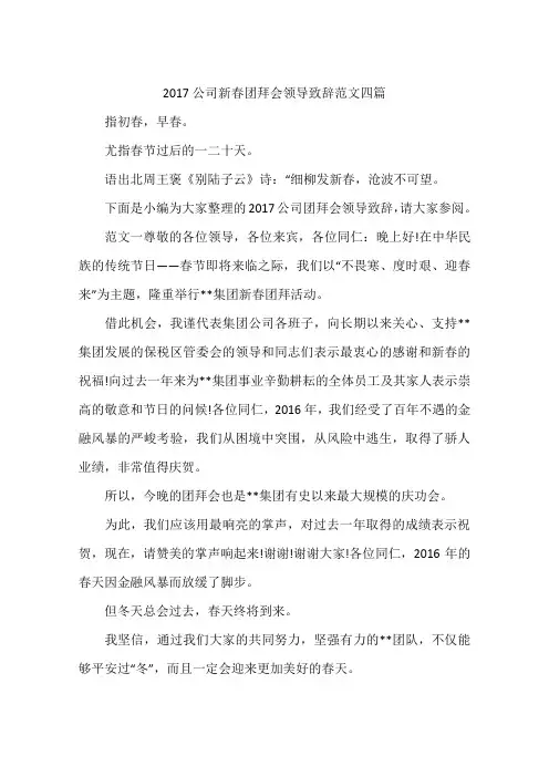 2017公司新春团拜会领导致辞范文四篇