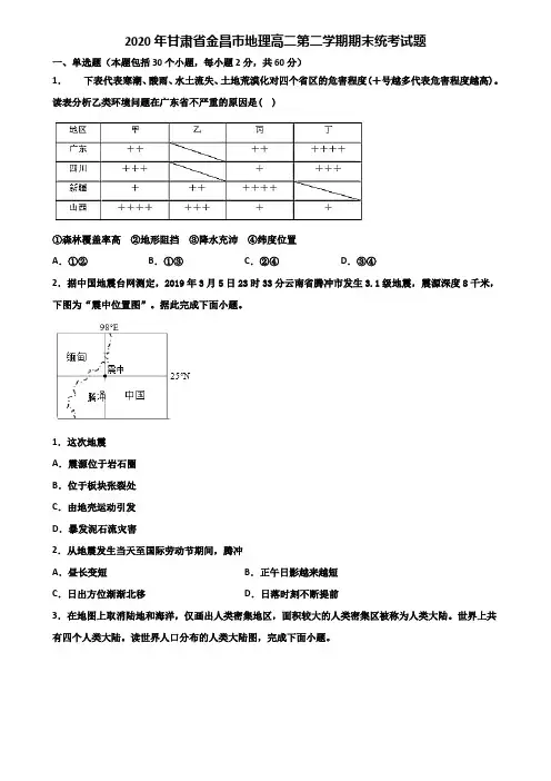 2020年甘肃省金昌市地理高二第二学期期末统考试题含解析