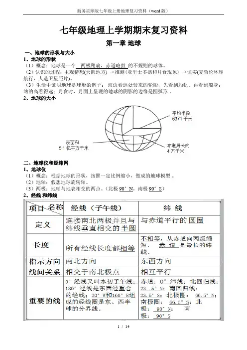 商务星球版七年级上册地理复习资料(word版)