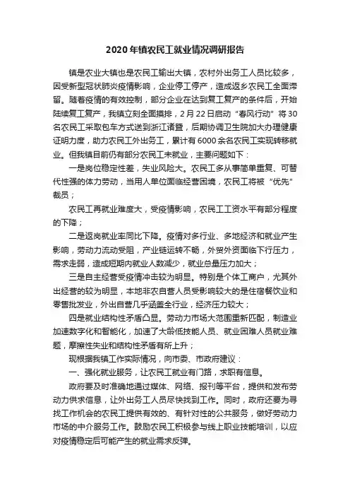 2020年镇农民工就业情况调研报告