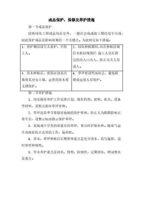 成品保护、保修及养护措施