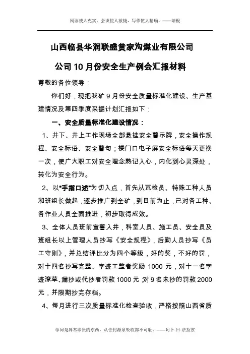 10.10安全生产例会汇报材料