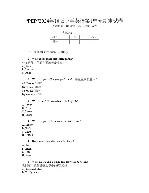 “PEP”2024年10版小学A卷英语第1单元期末试卷