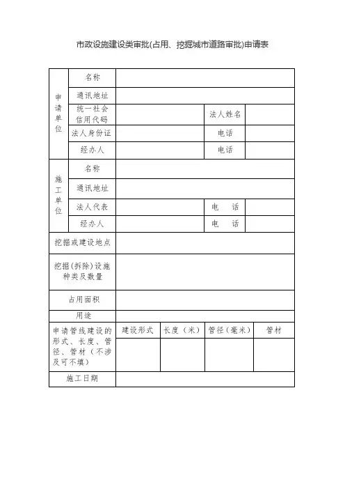 市政设施建设类审批(占用、挖掘城市道路审批)申请表