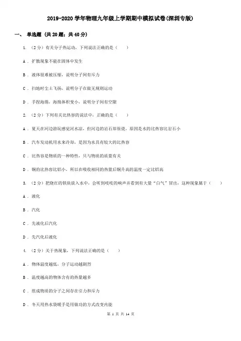2019-2020学年物理九年级上学期期中模拟试卷(深圳专版)