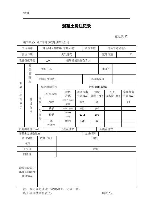 混凝土浇筑记录施工日记表