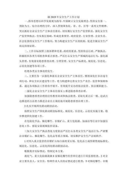 最新-镇2019年安全生产工作计划 精品