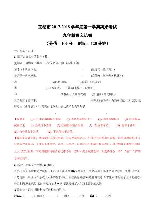 【全国市级联考】安徽省芜湖市2017-2018学年九年级第一学期期末考试语文试题(解析版)