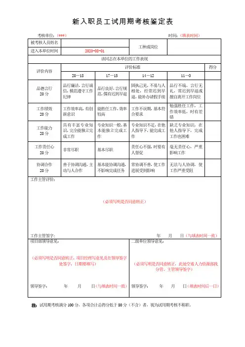 新入职员工试用期考核鉴定表(范本)