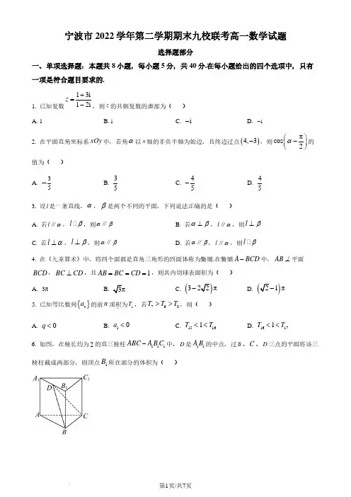 浙江省宁波市九校2022-2023学年高一下学期期末联考数学试题(原卷版)