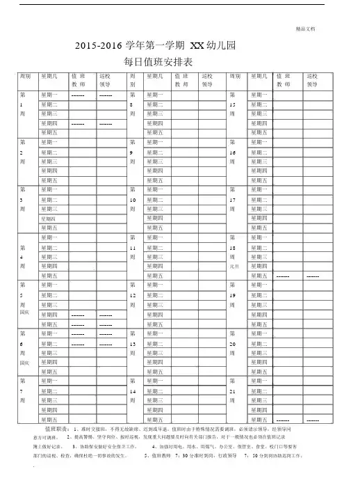 幼儿园教育每日值班表.doc