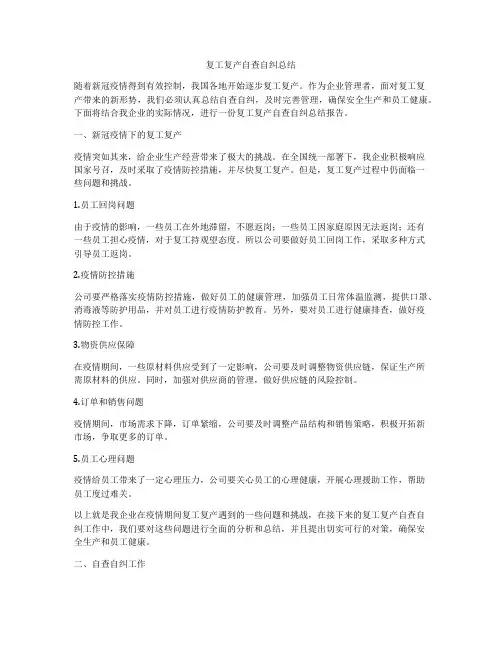 复工复产自查自纠总结