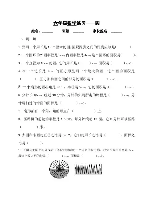 六年级数学有关圆的练习