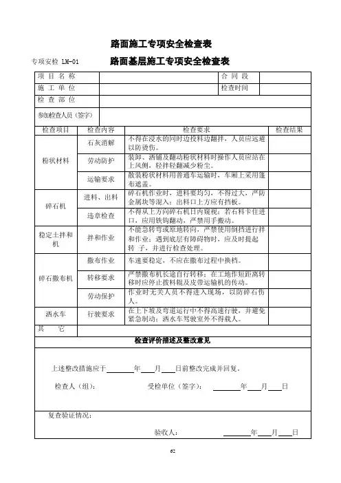 路面施工专项安全检查表