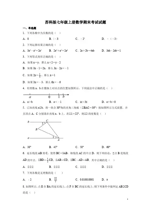 苏科版七年级上册数学期末考试试卷附答案