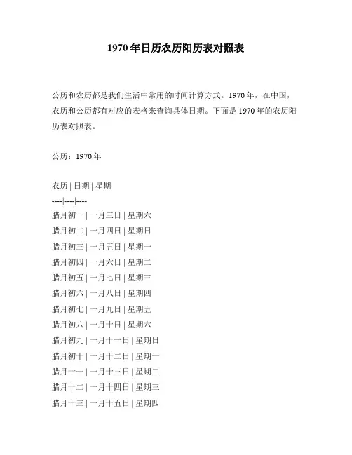 1970年日历农历阳历表对照表