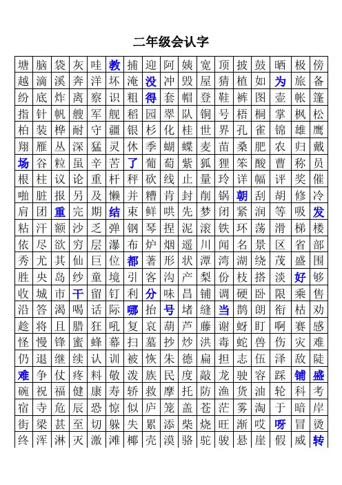 人教版二年级上册识字表文字版无拼音会认字汇总