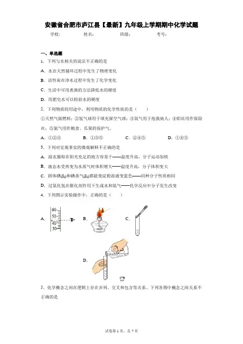 安徽省合肥市庐江县2020-2021学年九年级上学期期中化学试题 答案和解析