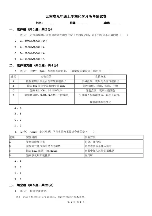 云南省九年级上学期化学月考考试试卷