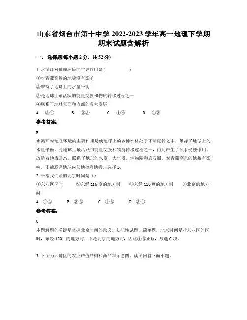 山东省烟台市第十中学2022-2023学年高一地理下学期期末试题含解析