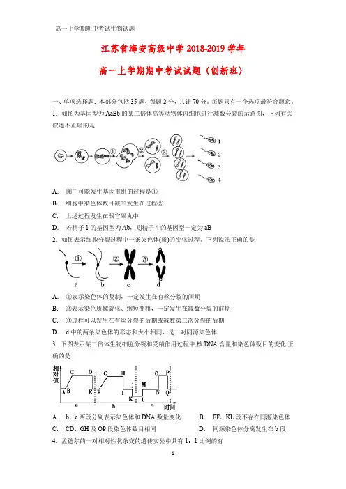 2018-2019学年江苏省海安高级中学高一上学期期中考试生物试题(创新班)