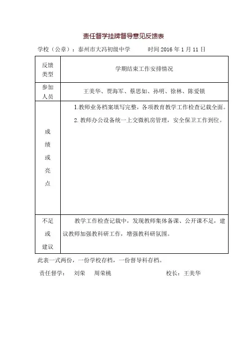 责任督学挂牌督导意见反馈表