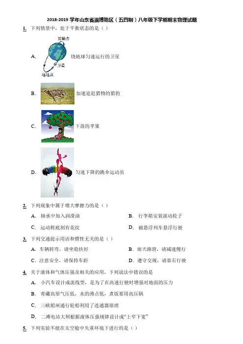 2018-2019学年山东省淄博地区(五四制)八年级下学期期末物理试题