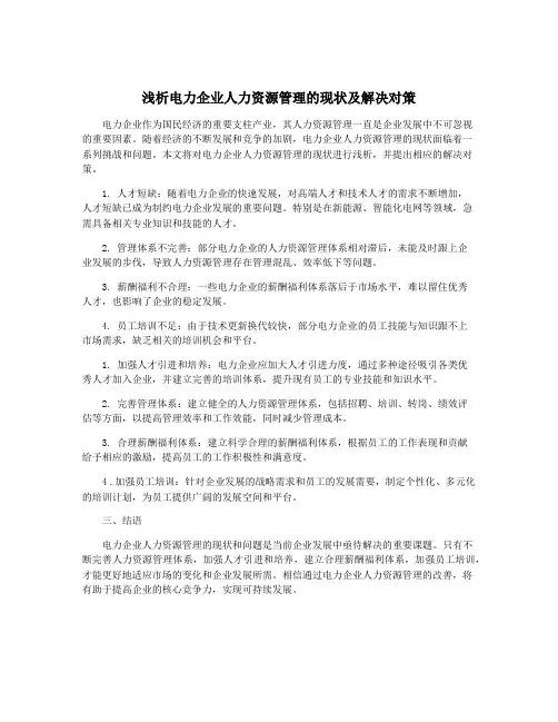 浅析电力企业人力资源管理的现状及解决对策