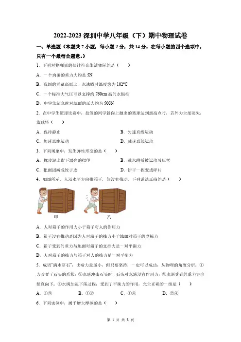 2022-2023深圳中学八年级(下)期中物理试卷