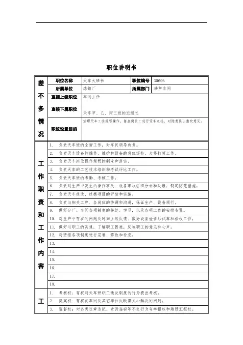 天车大班长职位说明书