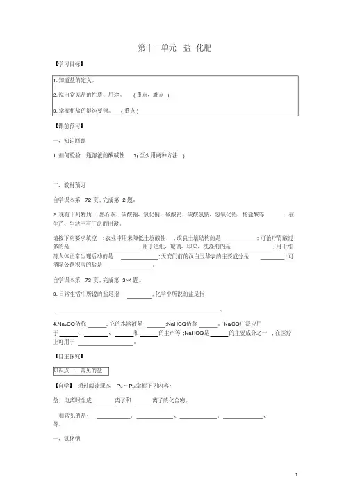 九年级化学下册第十一单元盐化肥学案新人教版【精品教案】