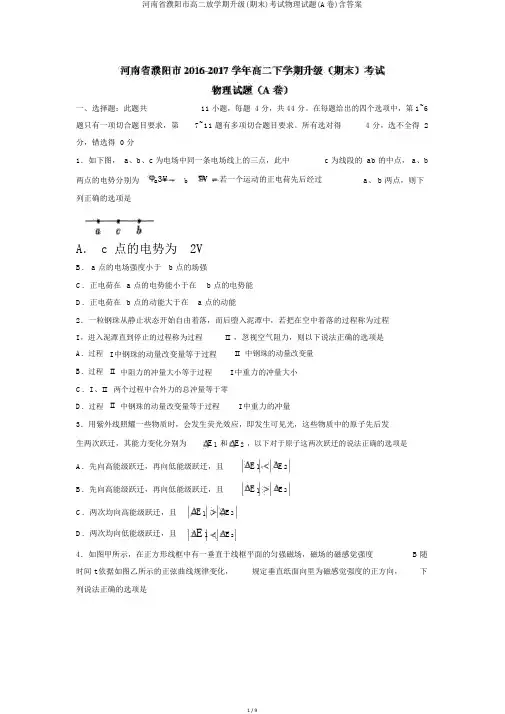 河南省濮阳市高二下学期升级(期末)考试物理试题(A卷)含答案