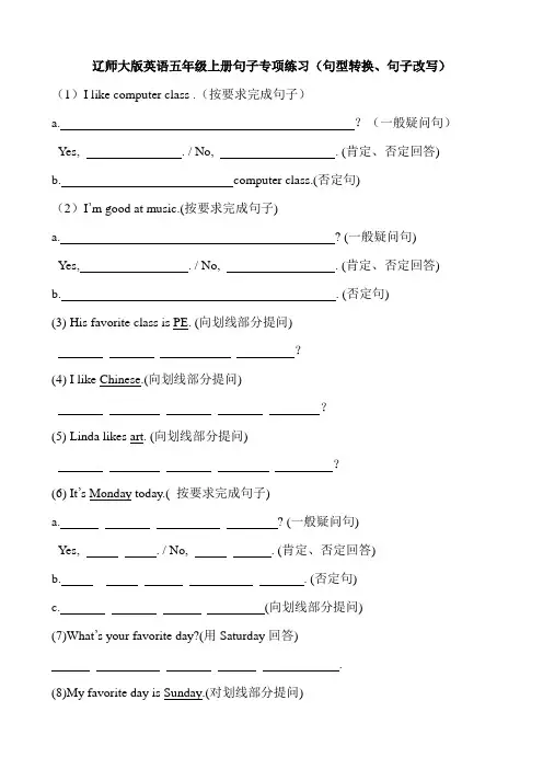 辽师大版英语五年级上册句子专项练习及答案