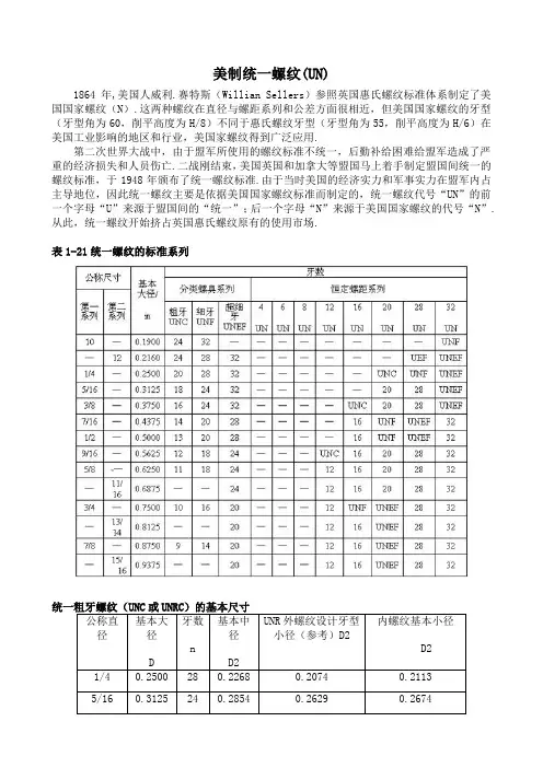美制统一螺纹(UN)的标准系列及基本尺寸